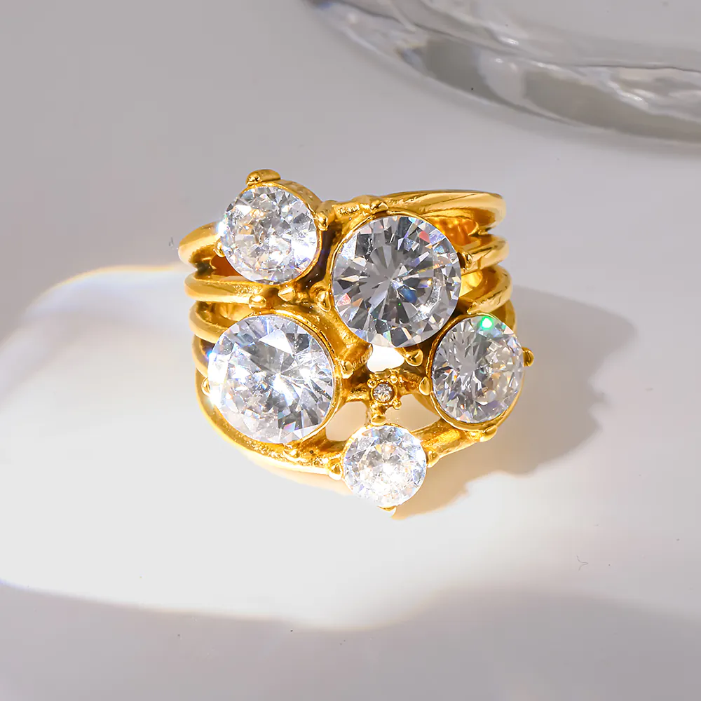 18K Gold-Plated Stainless Steel Multi-CZ Statement Ring, Bold Exaggerated Luxury Niche Women Finger Jewelry - Image 2