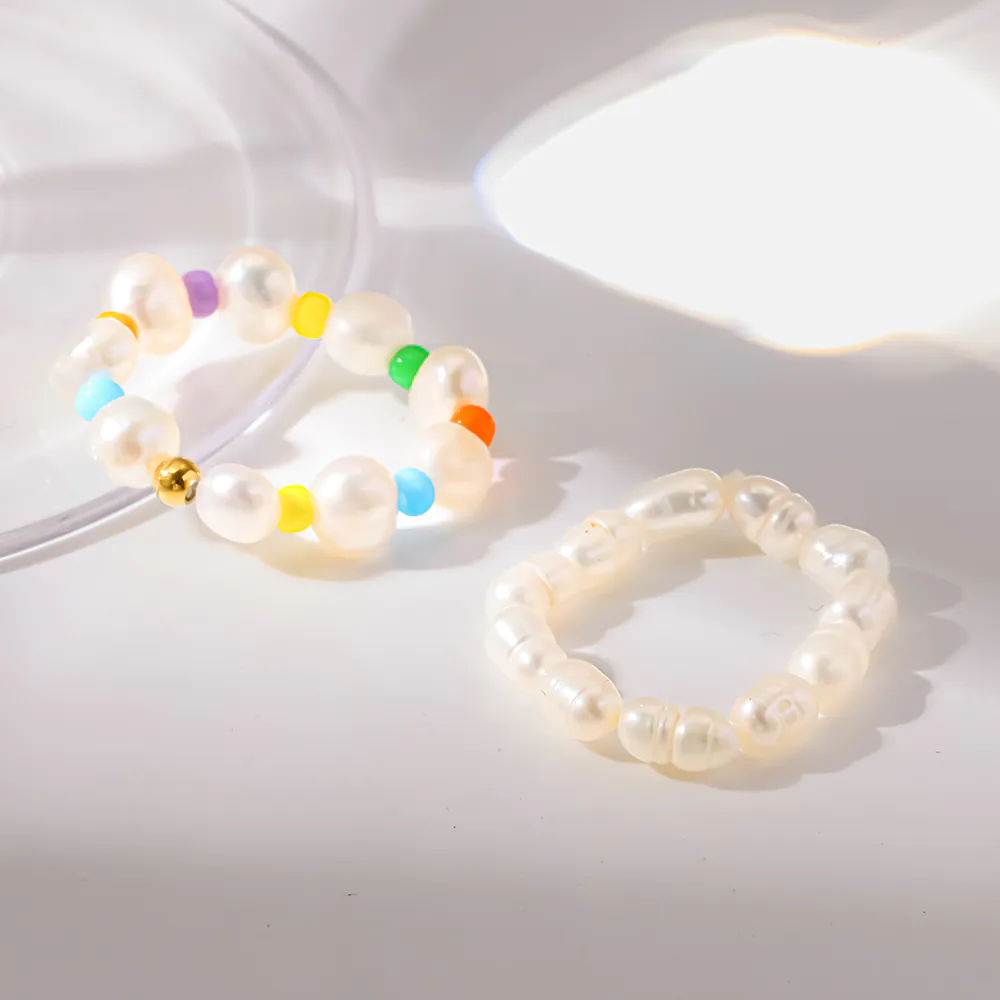 Fresh Color Beaded Stretch Ring, Freshwater Pearl Acrylic & Stainless Steel Beads Stackable Versatile Finger Ring For Women - Image 2