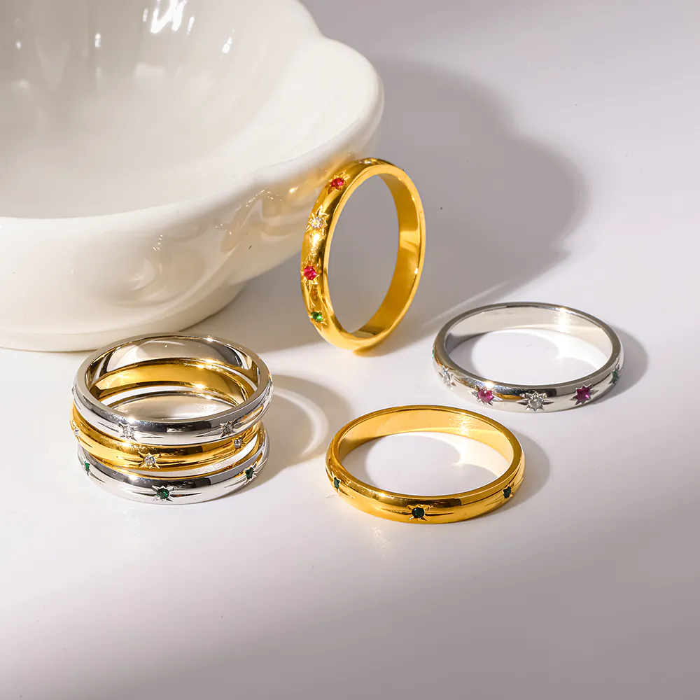 18K Gold-Plated Stainless Steel Thin Band Ring Luxury Colorful Cubic Zirconia Inlaid Band, High-End Waterproof Stackable Finger Jewelry For Women - Image 2