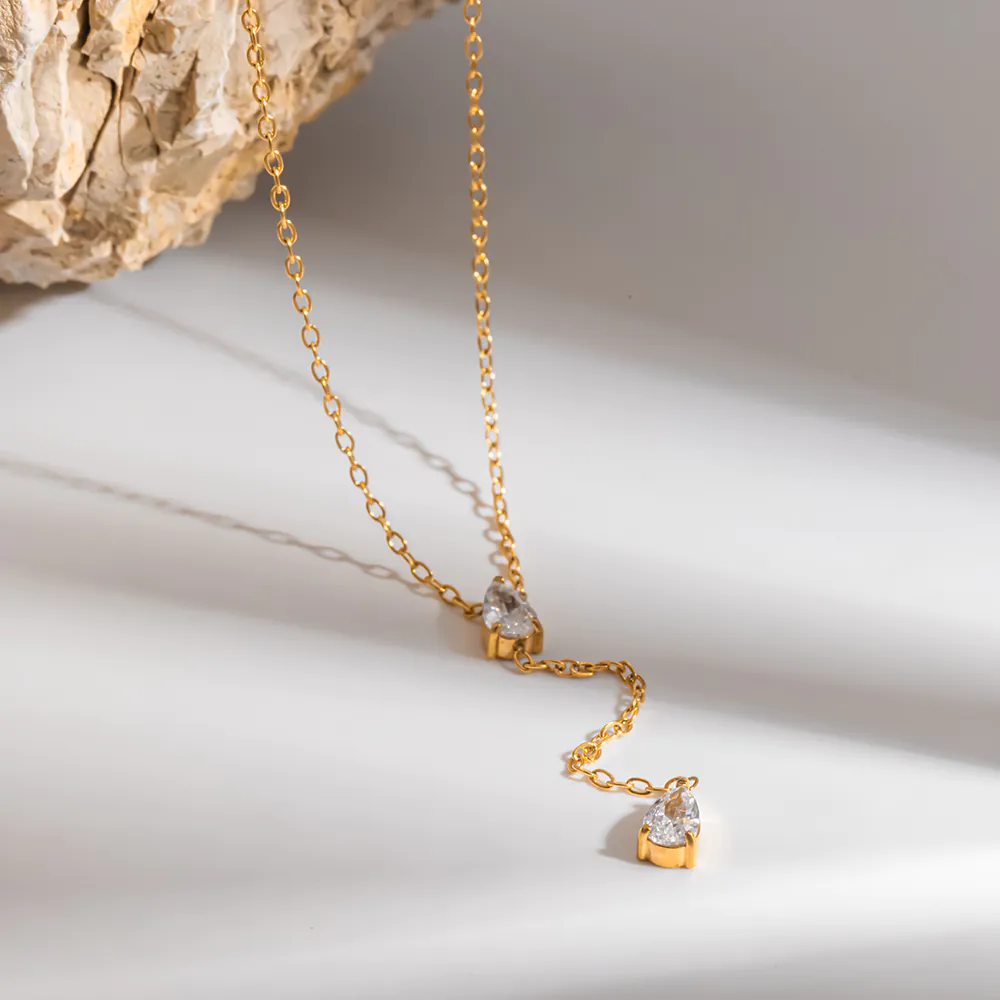 18K Gold‑Plated Stainless Steel Delicate Y‑Shape Necklace, Luxury Elegant Geometric Teardrop Cubic Zirconia Tassel Pendant Neck Jewelry For Women - Image 5