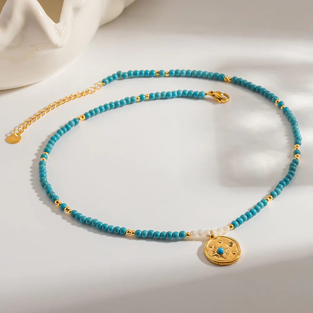 18K Gold-Plated Stainless Steel Sunburst Round Pendant Necklace, Vintage Turquoise Natural Stone Beaded Stackable Choker For Women - Image 2