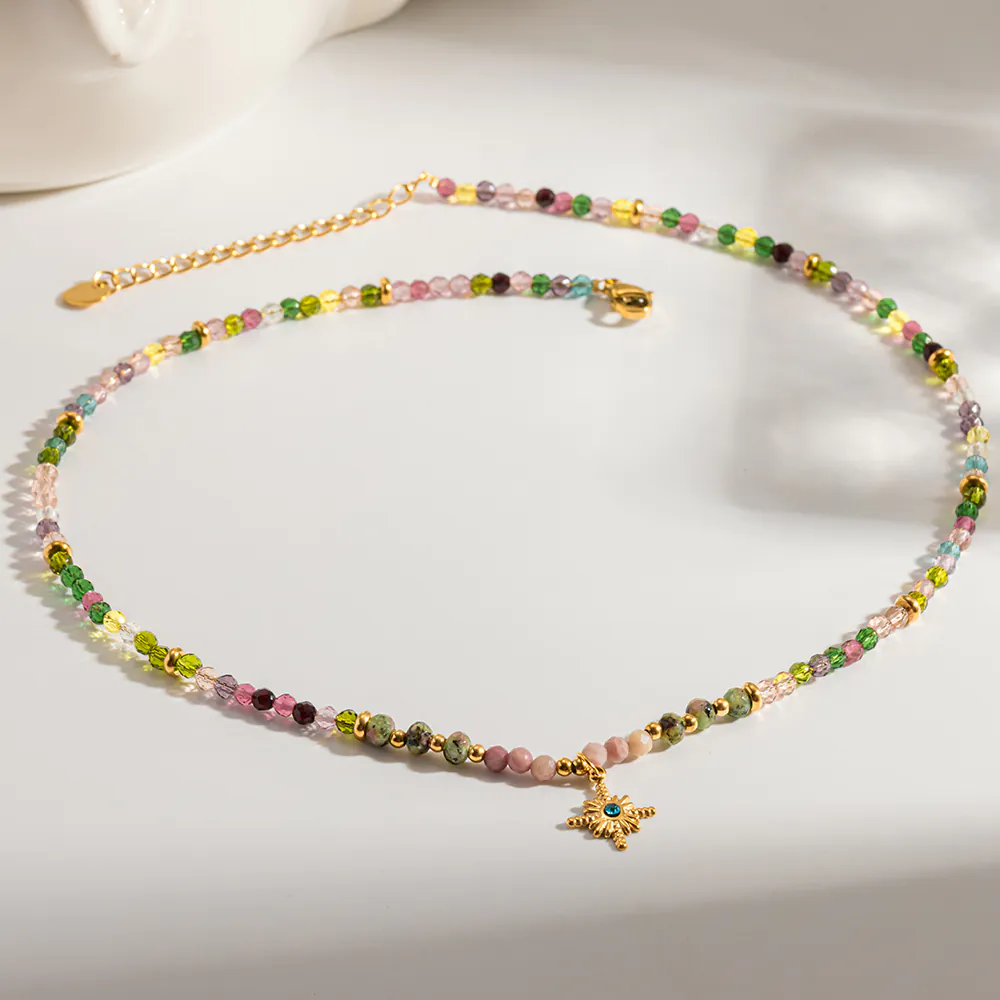 18K Gold-Plated Stainless Steel Vintage Beaded Choker, Natural Stone & Glass Bead Eight-Pointed Star Pendant Stackable Collarbone Neck Jewelry For Women - Image 2