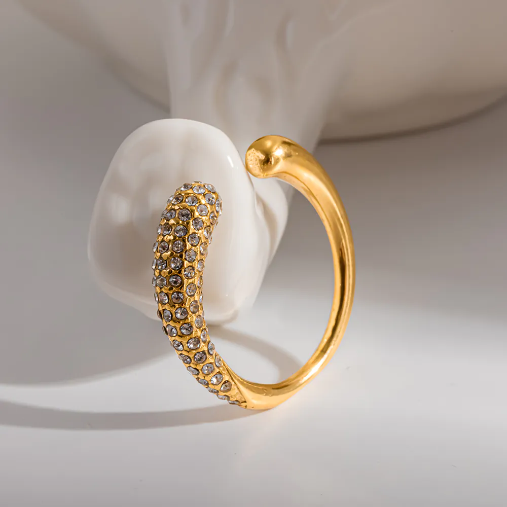 18K Gold‑Plated Stainless Steel Pave CZ Open Ring, Ins‑Style Teardrop Shape High‑End Minimalist Adjustable Finger Jewelry For Women - Image 2
