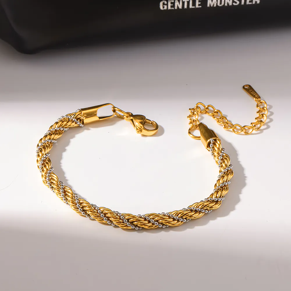 18K Gold-Plated Stainless Steel Ins Fashion Two-Tone Twisted Rope Bracelet, Minimalist Versatile Adjustable Women Wrist Jewelry - Image 3