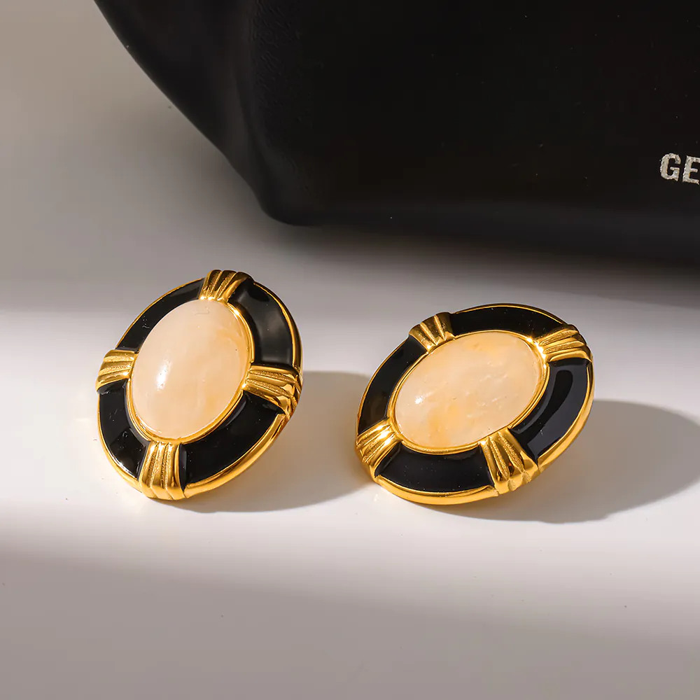 18K Gold‑Plated Stainless Steel Oval Natural Stone & Black Enamel Stud Earrings, Ins Vintage Luxury Waterproof Elegant Ear Jewelry For Women - Image 2