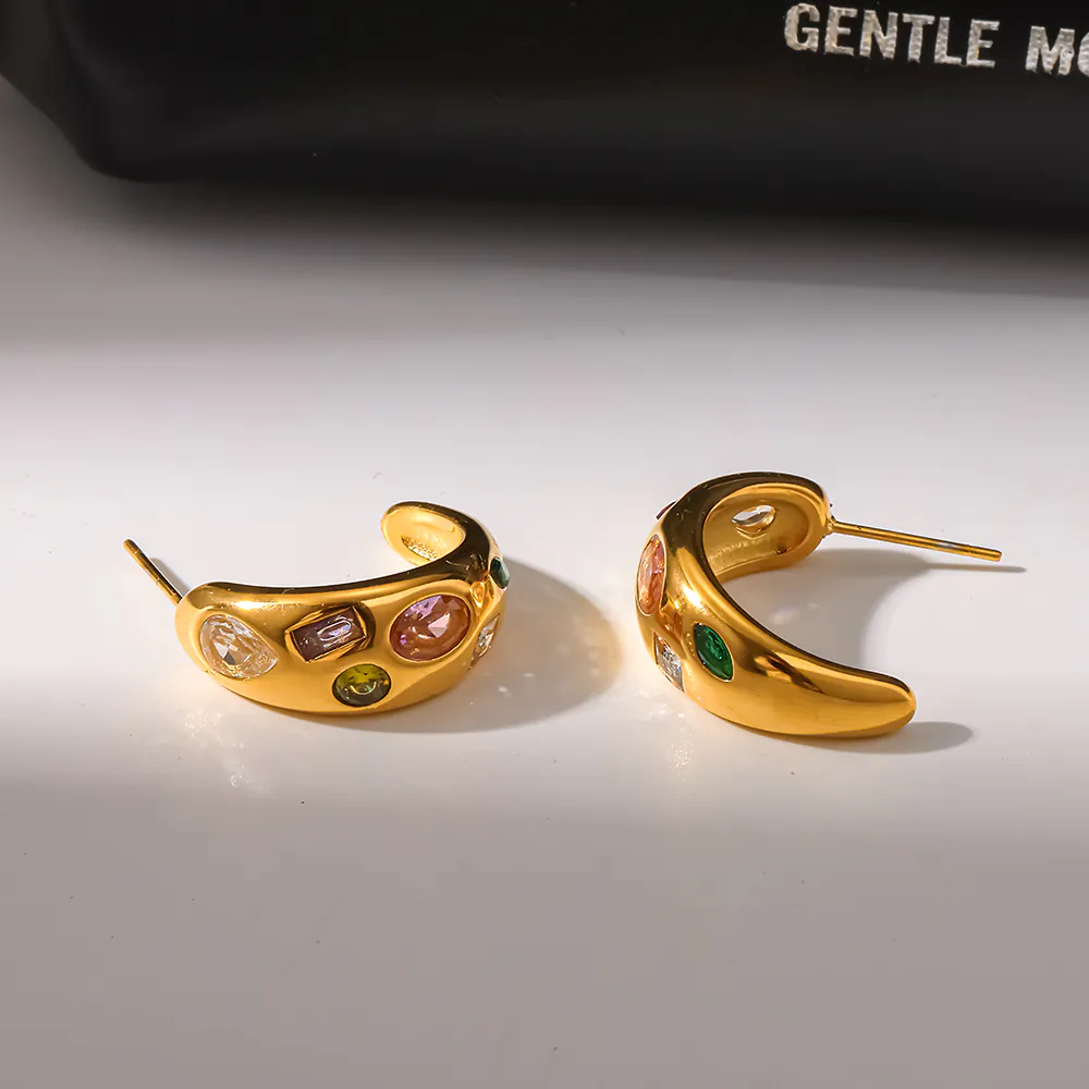 18K Gold‑Plated Stainless Steel Colorful Zircon C‑Shape Hoop Earrings, Ins Retro Trendy Fashion Waterproof Ear Jewelry For Women - Image 2