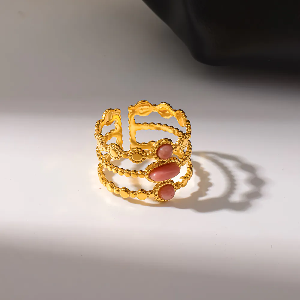 18K Gold‑Plated Stainless Steel Ins French Vintage Inlaid Natural Stone Open Ring, Waterproof Luxury Finger Jewelry For Women - Image 2