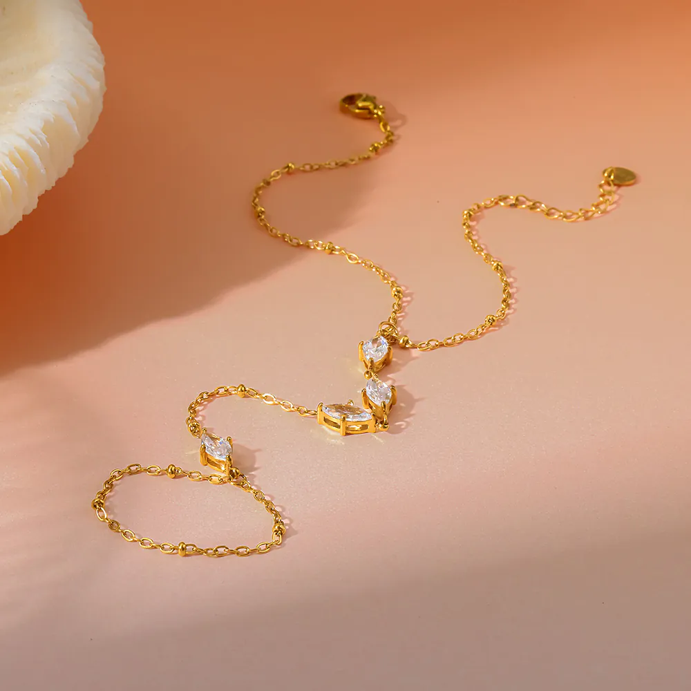 Marquise Zircon Linked Finger Hand Chain 18K Gold‑Plated Stainless Steel Hand Bracelet - Image 2
