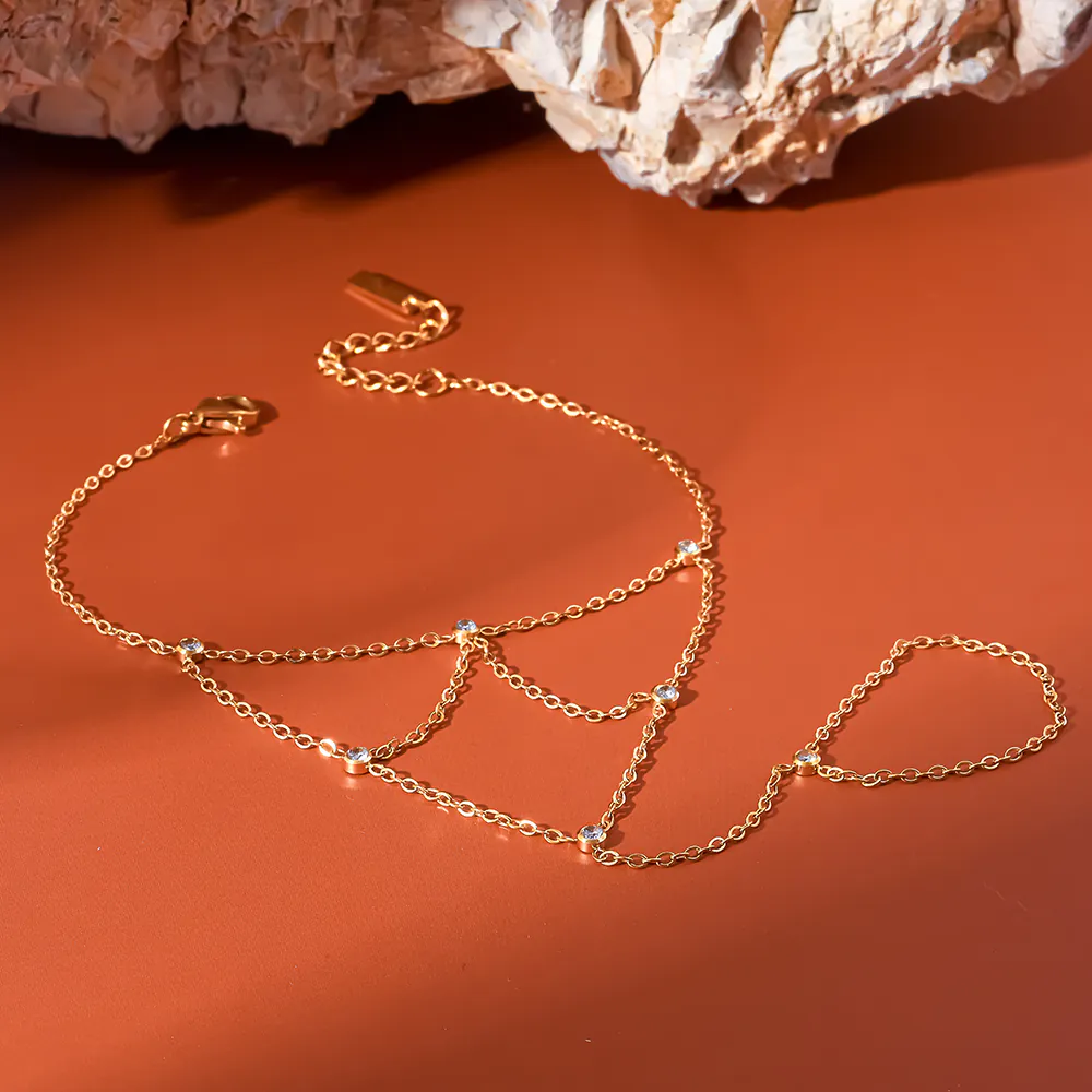 18K Gold‑Plated Stainless Steel Multi‑Layer Cubic Zirconia Hand Chain, Dainty Linked Finger Bracelet Stackable Luxury Hand Jewelry For Women - Image 2