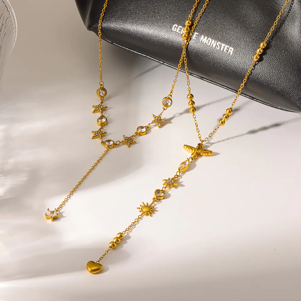 18K Gold‑Plated Stainless Steel Geometric Star Y‑Drop Necklace, Cubic Zirconia Stackable Daily Choker Neck Jewelry For Women - Image 2