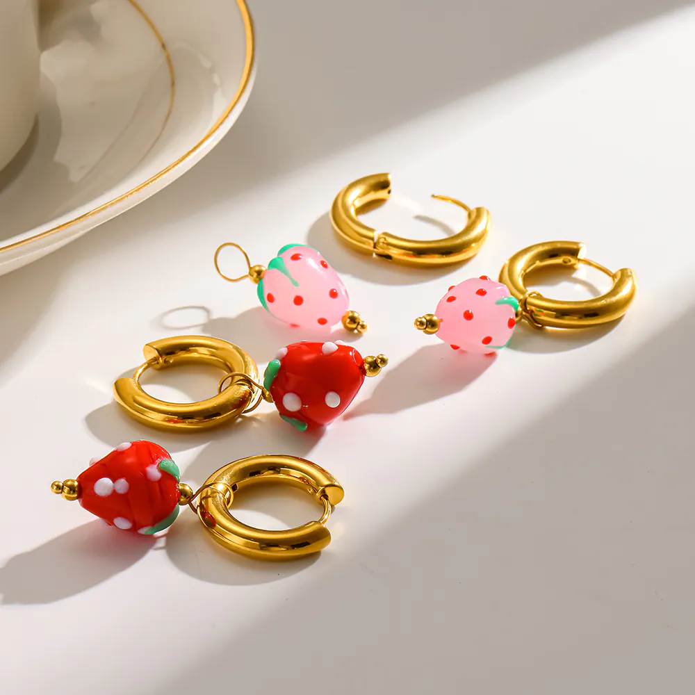 18K Gold-Plated Stainless Steel Hoop Earrings, Cute Acrylic Strawberry Dangle Charms, Non-Fading Women Fashion Ear Jewelry - Image 2