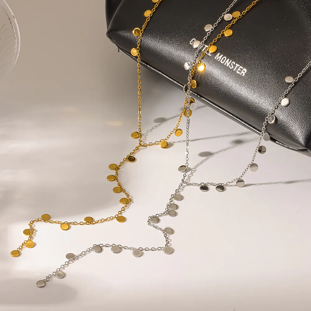18K Gold‑Plated Stainless Steel Disc Y‑Drop Necklace, Dainty Tassel Disc Choker Collarbone Neck Jewelry For Women - Image 2