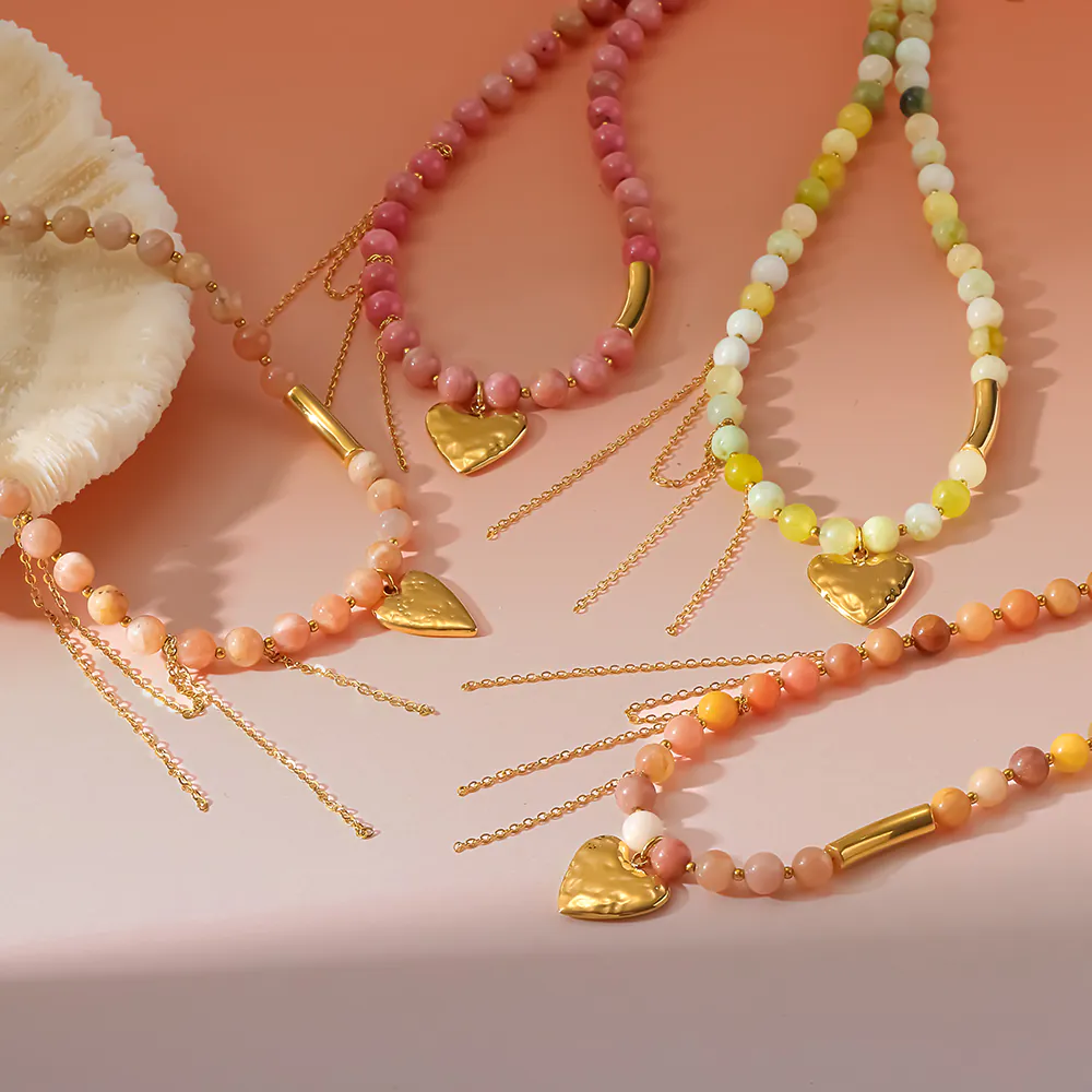 Natural Stone Beaded Heart Tassel Necklace | 18K Gold‑Plated Stainless Steel Boho Neck Jewelry - Image 2