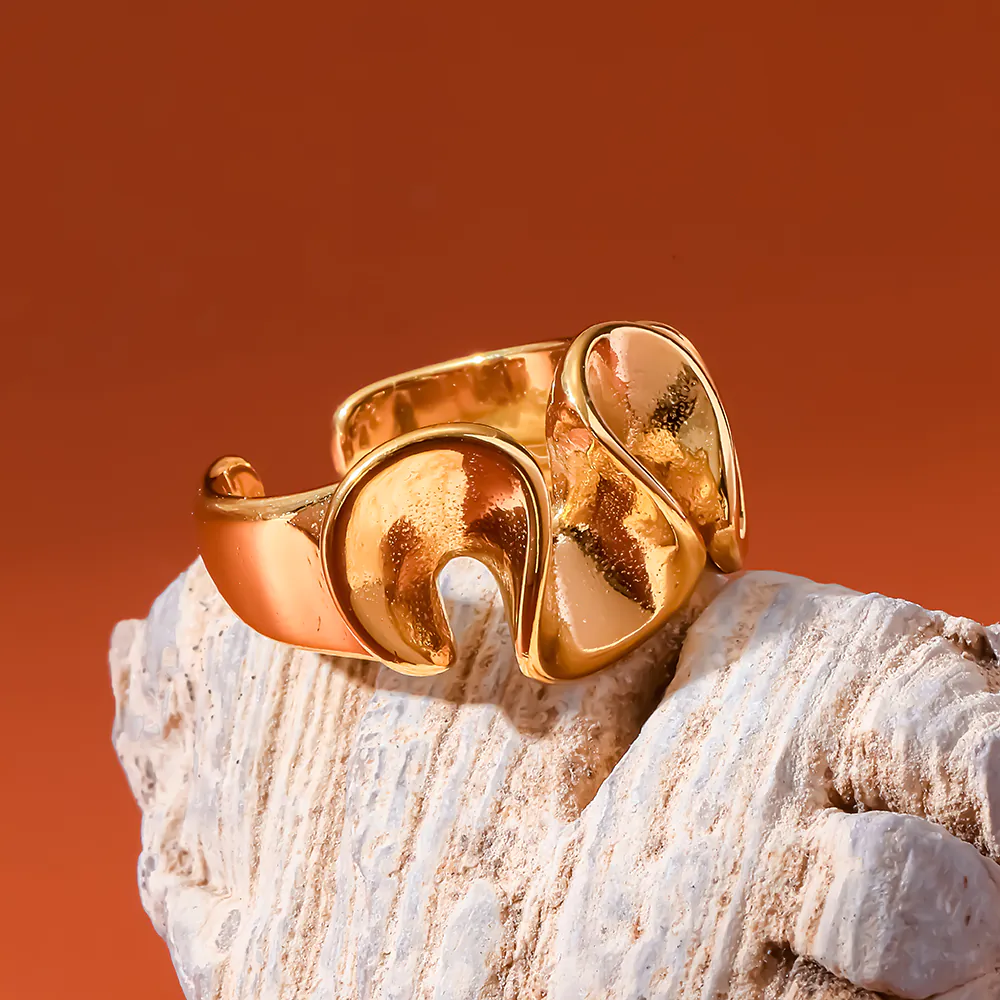 18K Gold‑Plated Stainless Steel Lotus Leaf Wave Open Ring, Irregular Textured Statement Finger Ring For Women - Image 2