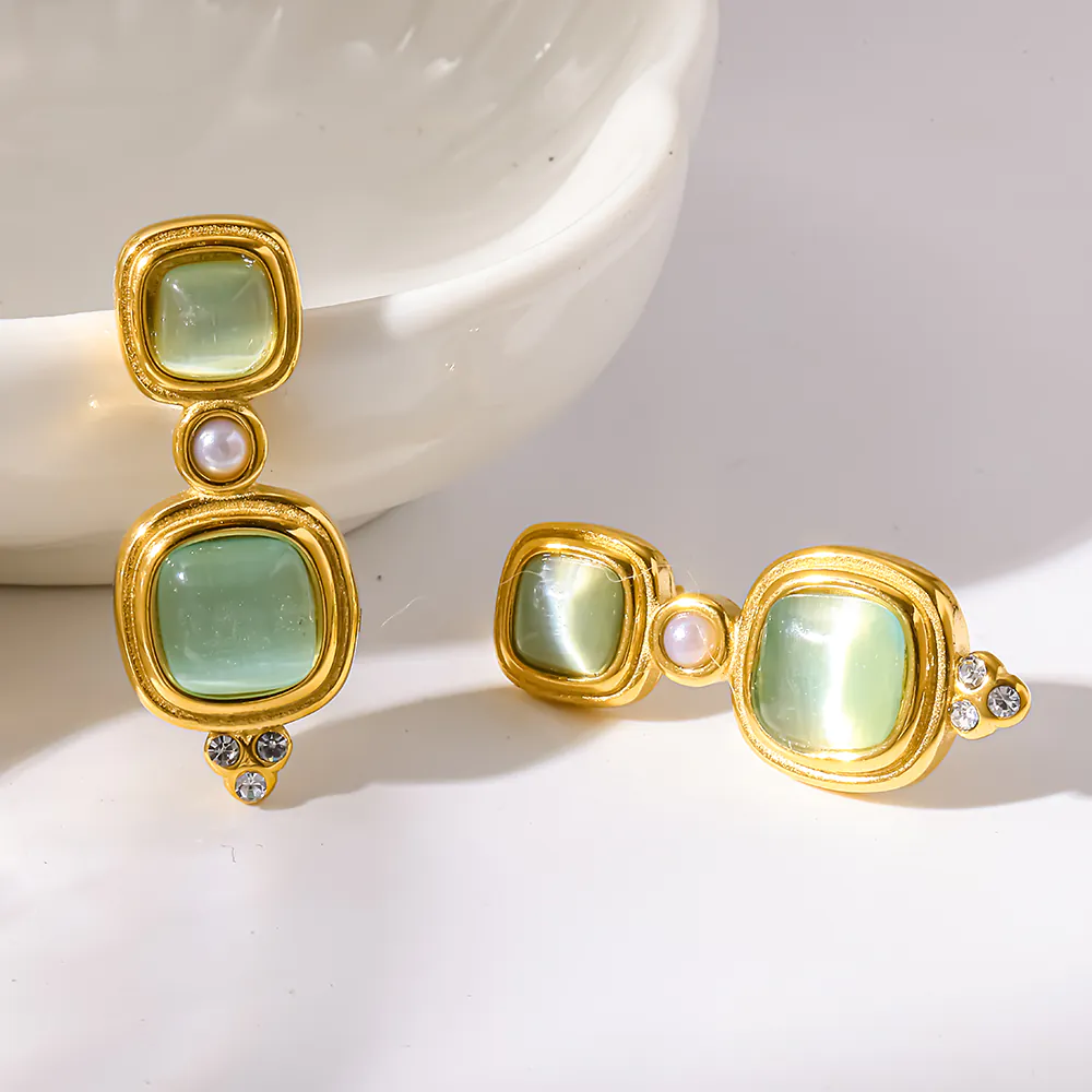 18K Gold-Plated Stainless Steel Square Cat Eye Stone Stud Earrings, Retro INS Style Non-Fading Women Ear Jewelry - Image 2