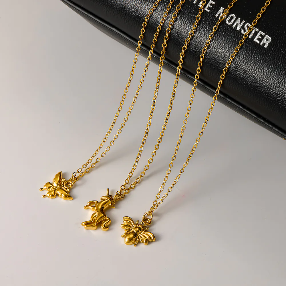 18K Gold‑Plated Stainless Steel Animal Pendant Necklace, Butterfly Unicorn Bee Dainty Clavicle Chain for Women - Image 2