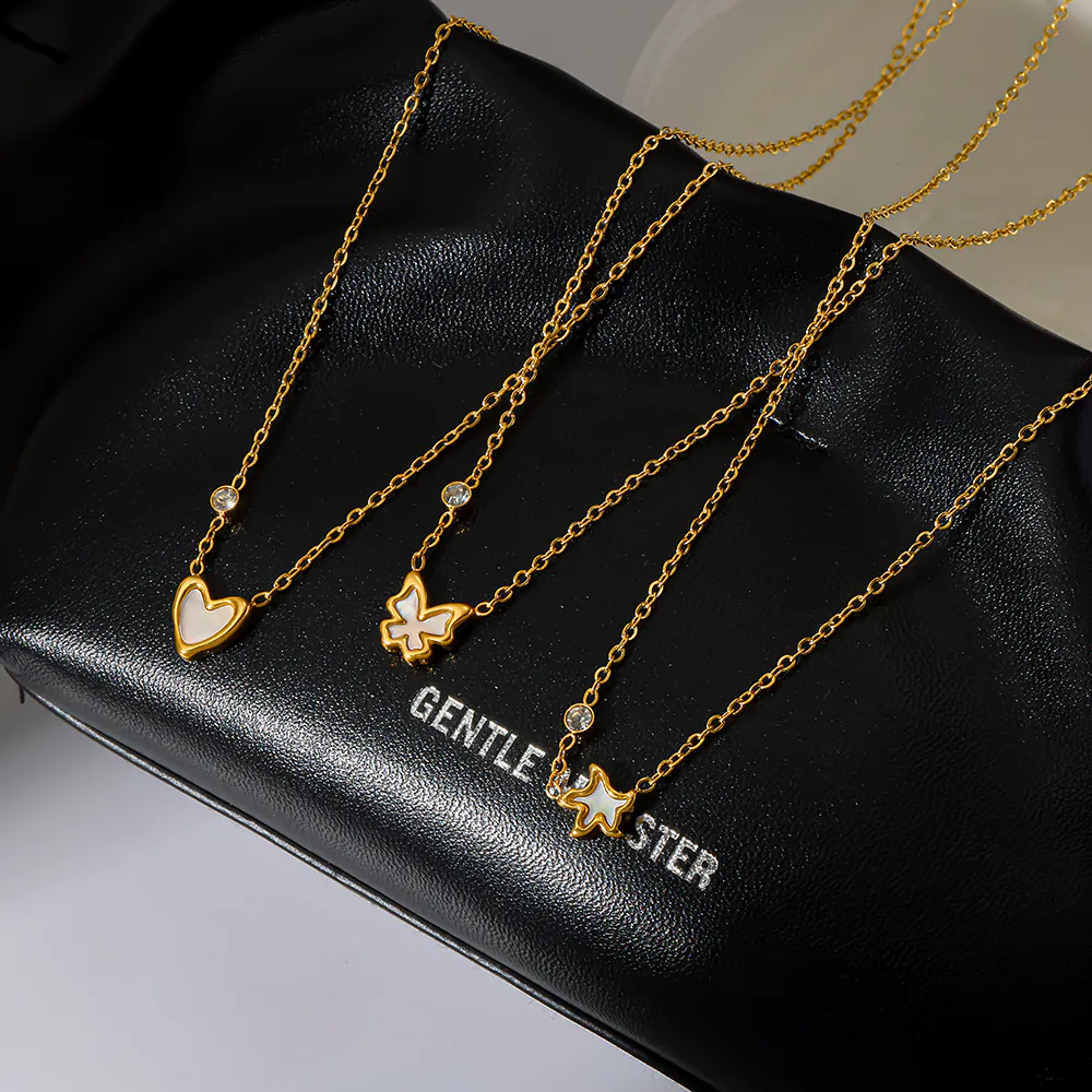 18K Gold‑Plated Stainless Steel Mother‑of‑Pearl Necklace, Zircon Inlaid Butterfly Heart Star Pendant Waterproof Dainty Neck Chain for Women - Image 2