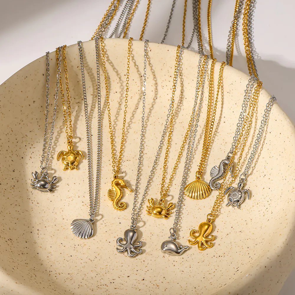 18K Gold‑Plated Stainless Steel Ocean‑Themed Pendant Necklace, Waterproof Dainty Clavicle Chain Jewelry for Women - Image 2