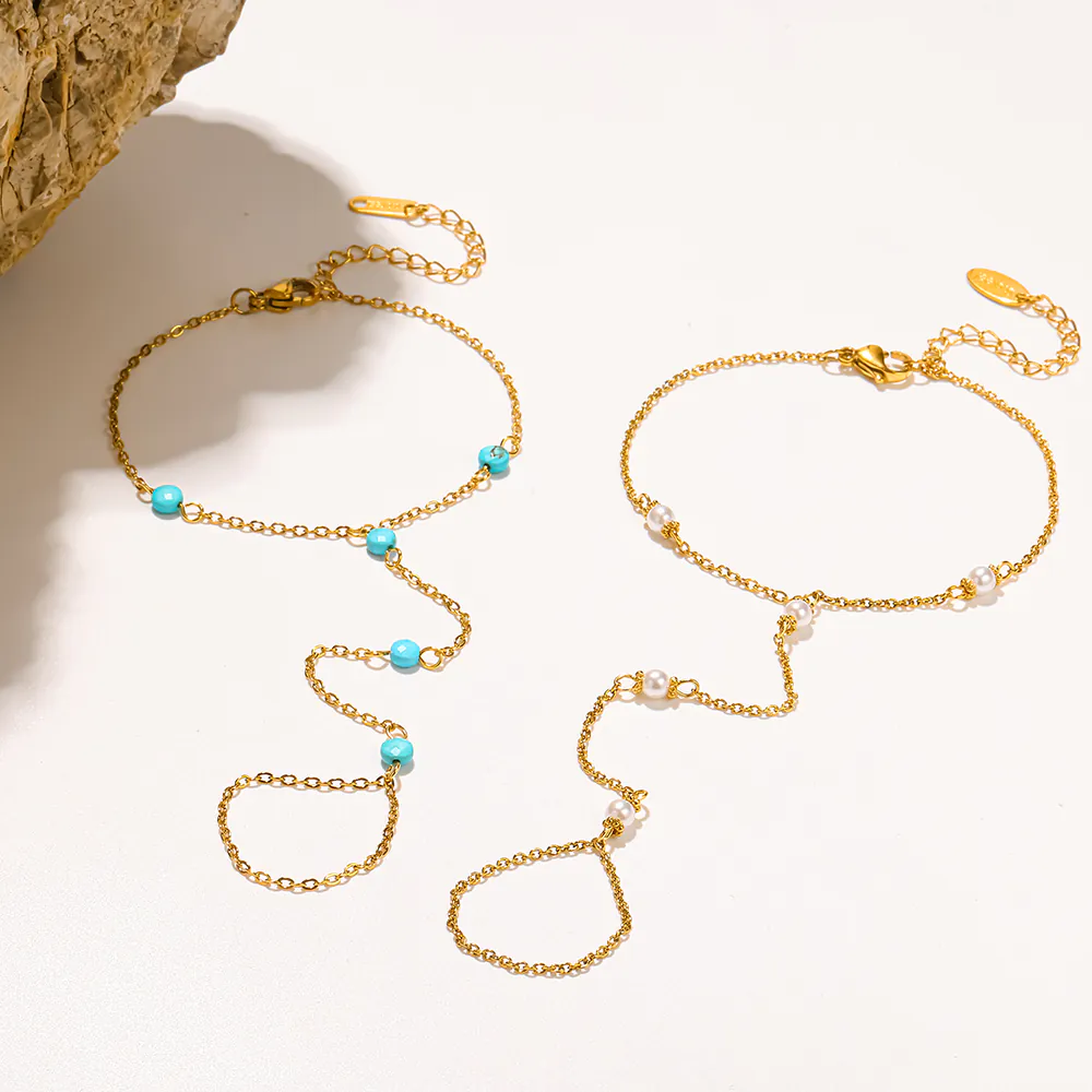18K Gold‑Plated Stainless Steel Turquoise & Imitation Pearl Hand Chain, Waterproof Dainty Finger Bracelet Luxury Hand Jewelry for Women - Image 2
