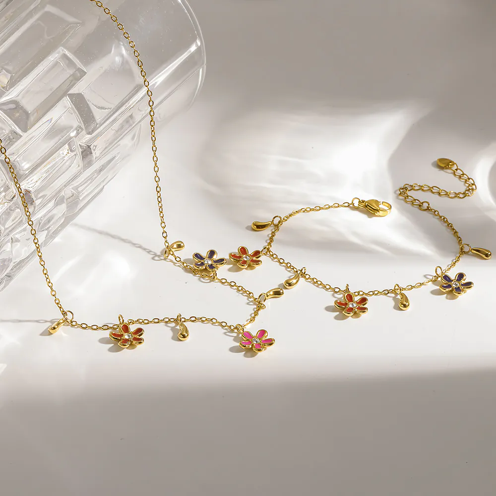 18K Gold‑Plated Stainless Steel Enamel Colorful Flower Zircon Necklace & Bracelet, Luxury Dainty Jewelry Set for Women - Image 2