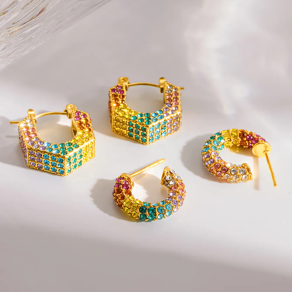 18K Gold-Plated Stainless Steel Rainbow Gradient Rhinestone C-Shape Hoop Earrings, Unique Design Non-Fading Women Ear Buckle Jewelry - Image 2