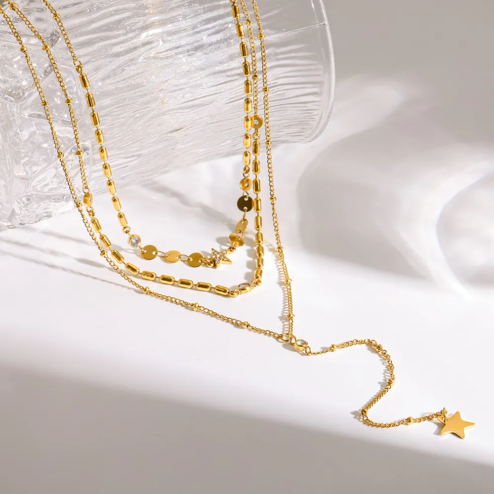 18K Gold-Plated Stainless Steel 3-Layer Star CZ Y-Drop Necklace, Waterproof Luxury Niche Stackable Women Neck Jewelry - Image 2