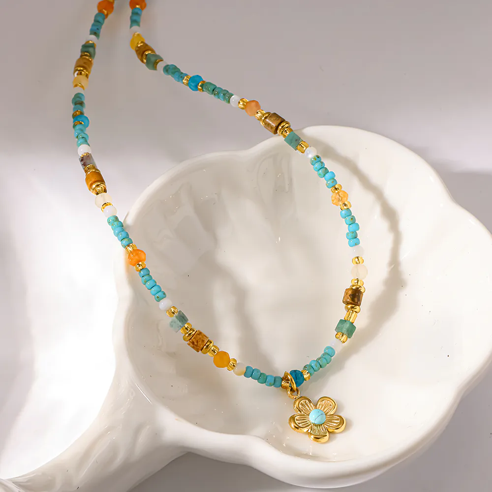 18K Gold-Plated Stainless Steel Flower Pendant Necklace Dopamine Color Natural Stone Beaded Boho Dainty Clavicle Chain For Women - Image 2