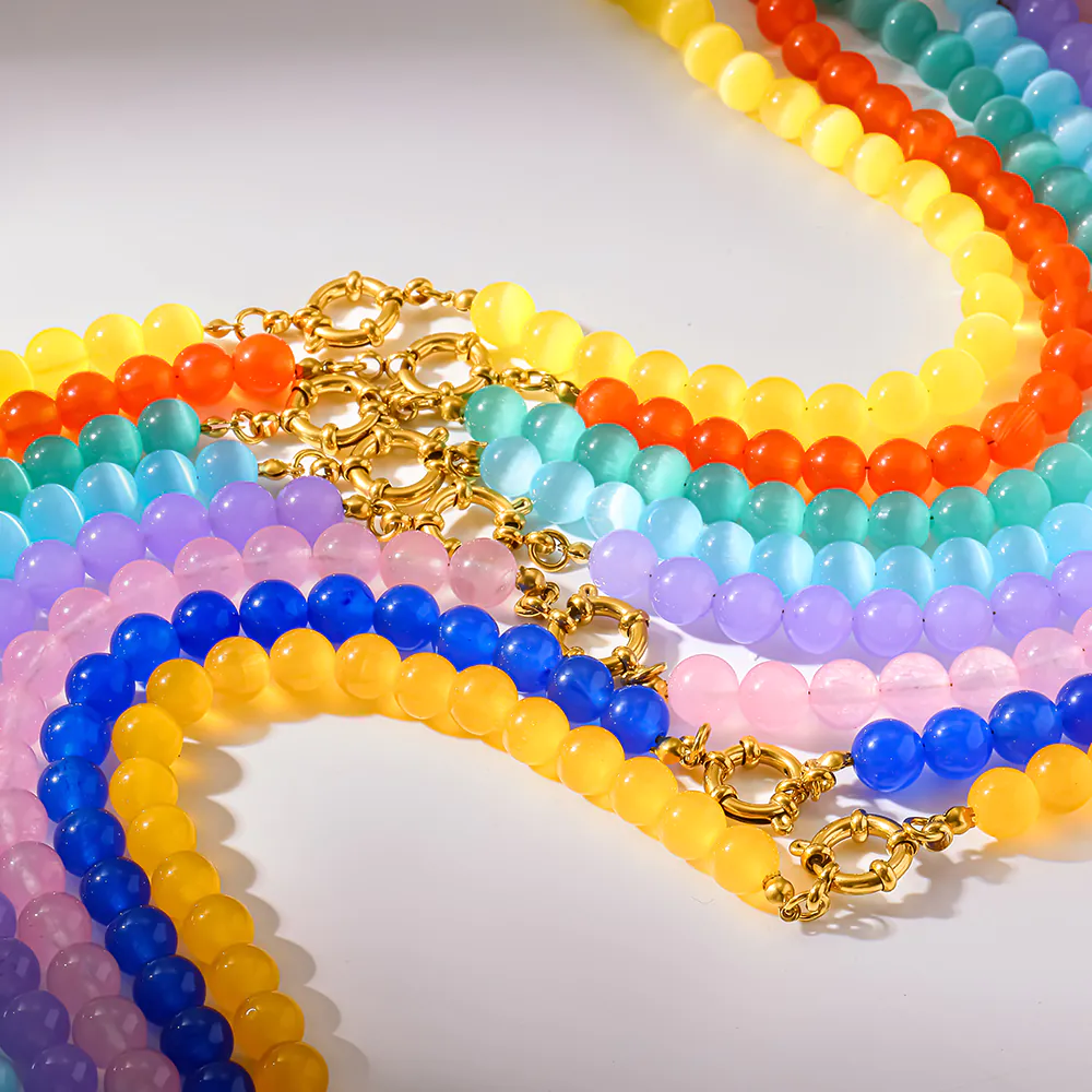 18K Gold-Plated Stainless Steel Rainbow Cat Eye Glass & Natural Stone Beaded Necklace, Dainty Clavicle Chain Jewelry for Women - Image 2