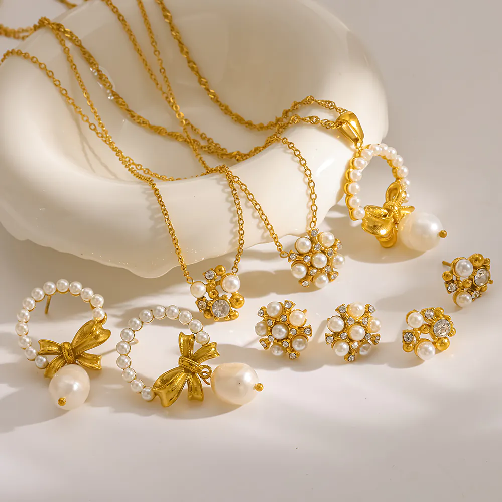 18K Gold Plated Stainless Steel Bow Faux Pearl Jewelry, French Elegant Fairy Pearl Earrings & Pendant Necklace, Luxury Fashion Accessory For Women - Image 2