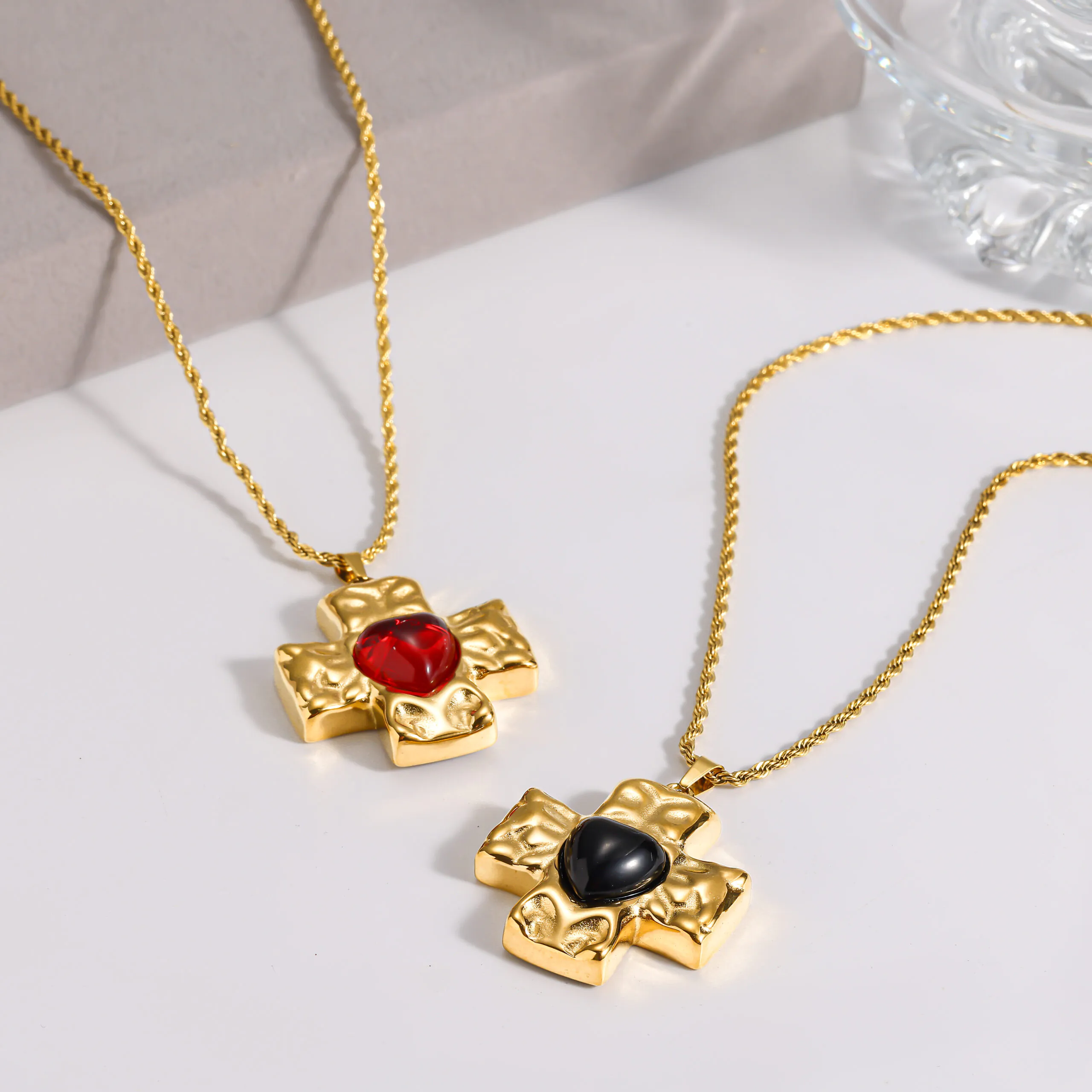 18K Gold Plated Waterproof Stainless Steel Necklace, Hammered Heart Cross Pendant Twist Rope Chain Necklace, Niche Luxury Women Neck Jewelry For Daily Wear - Image 5
