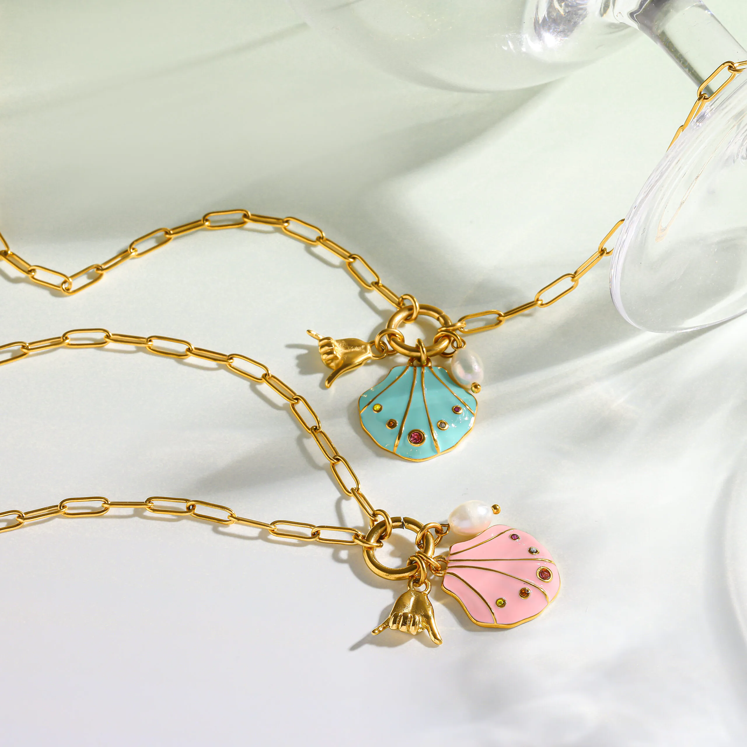 18K Gold Plated Waterproof Stainless Steel Necklace Ocean Style Enamel Shell Freshwater Pearl Pendant Necklace Ins Niche Women Neck Jewelry Daily Accessory - Image 2