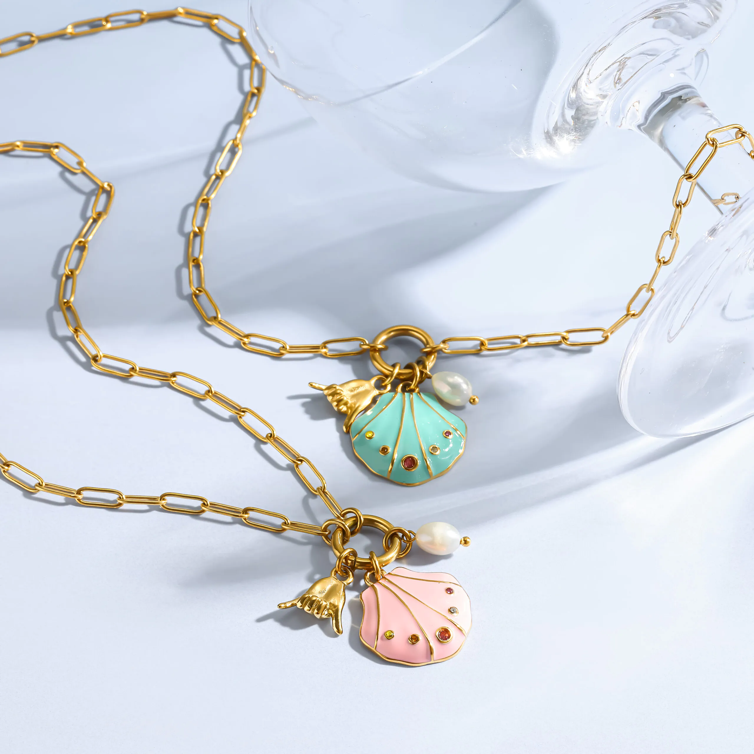 18K Gold Plated Waterproof Stainless Steel Necklace Ocean Style Enamel Shell Freshwater Pearl Pendant Necklace Ins Niche Women Neck Jewelry Daily Accessory - Image 4