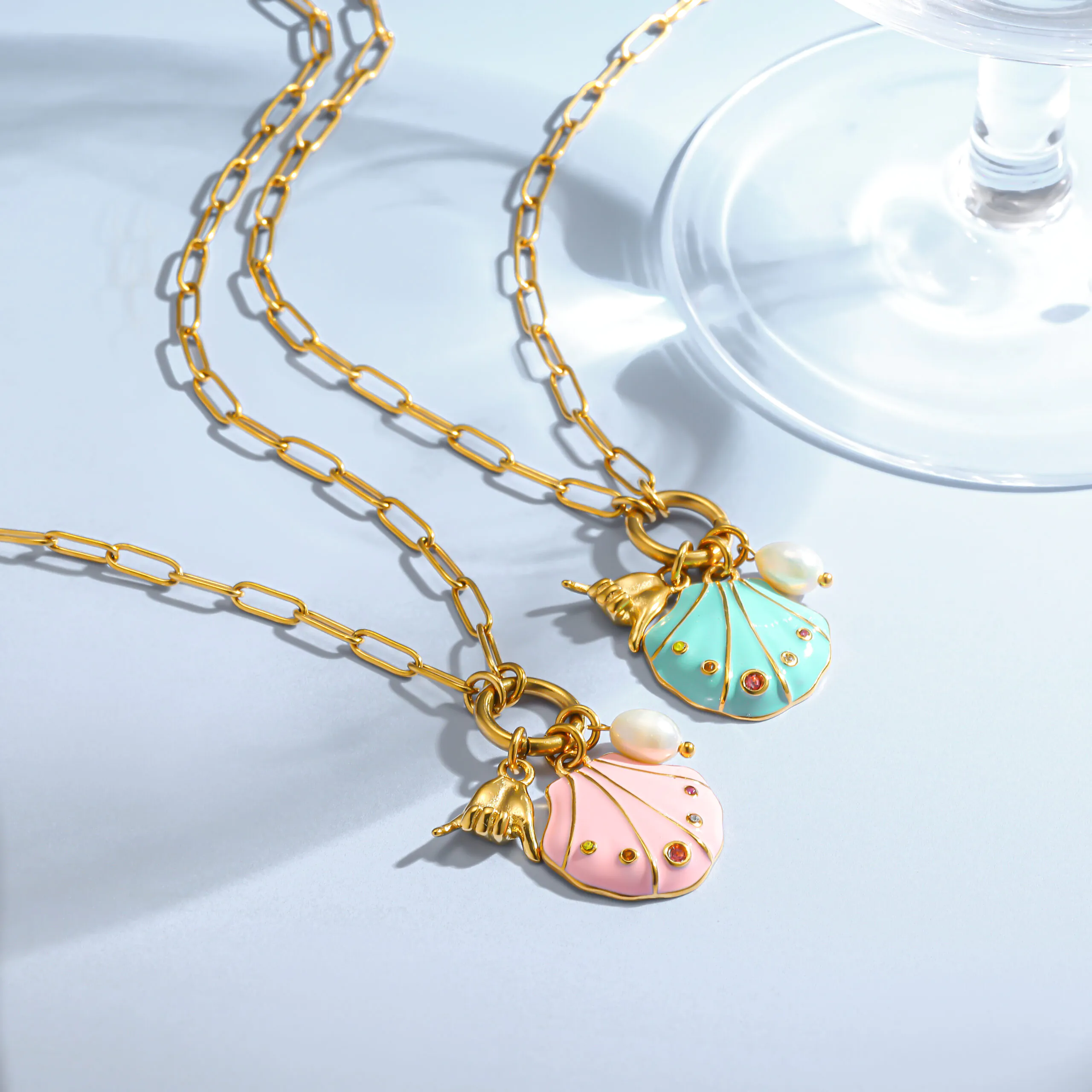 18K Gold Plated Waterproof Stainless Steel Necklace Ocean Style Enamel Shell Freshwater Pearl Pendant Necklace Ins Niche Women Neck Jewelry Daily Accessory - Image 5