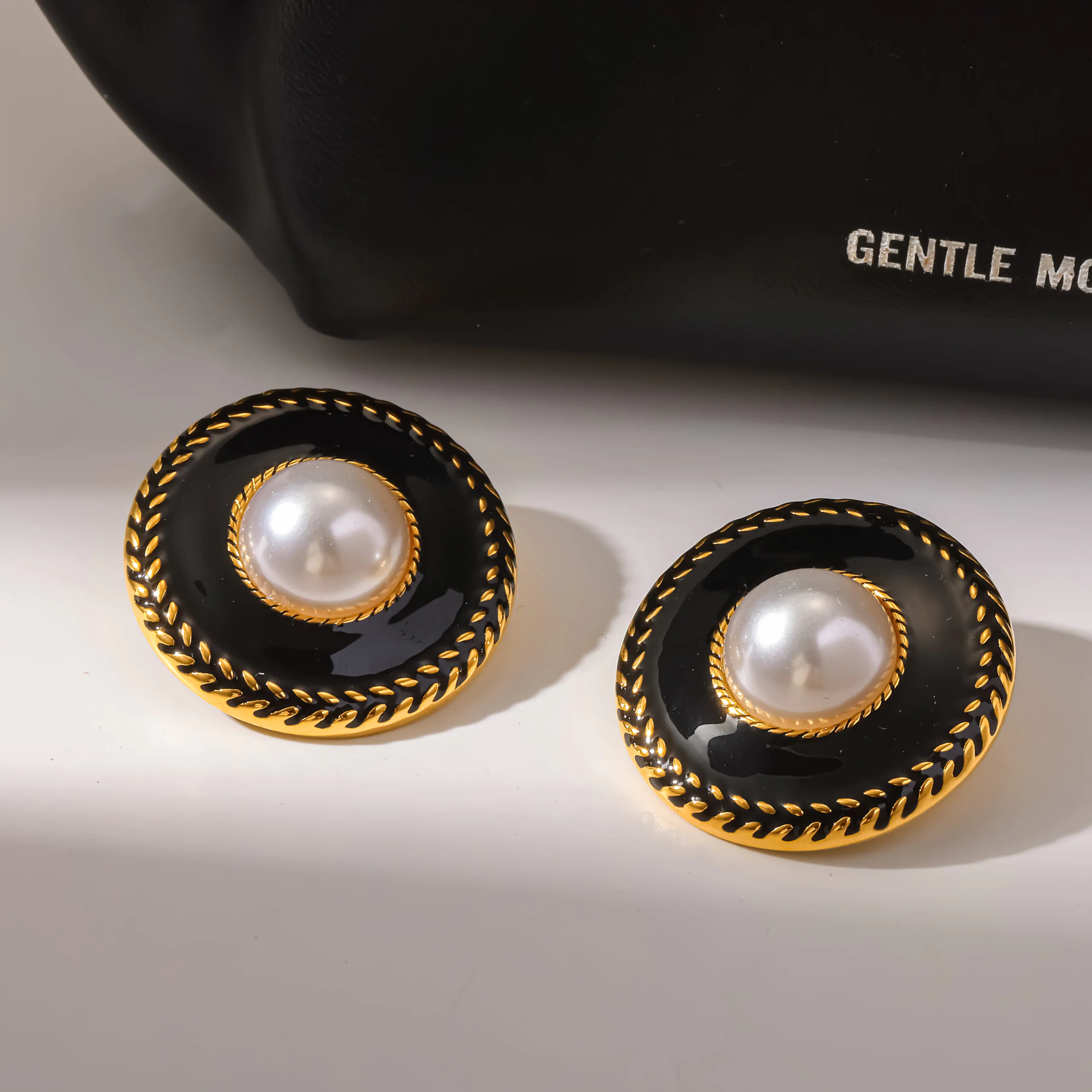 18K Gold‑Plated Stainless Steel Classic Black Enamel Faux Pearl Round Stud Earrings, Ins vintage enamel Waterproof Luxury Ear Jewelry For Women - Image 2