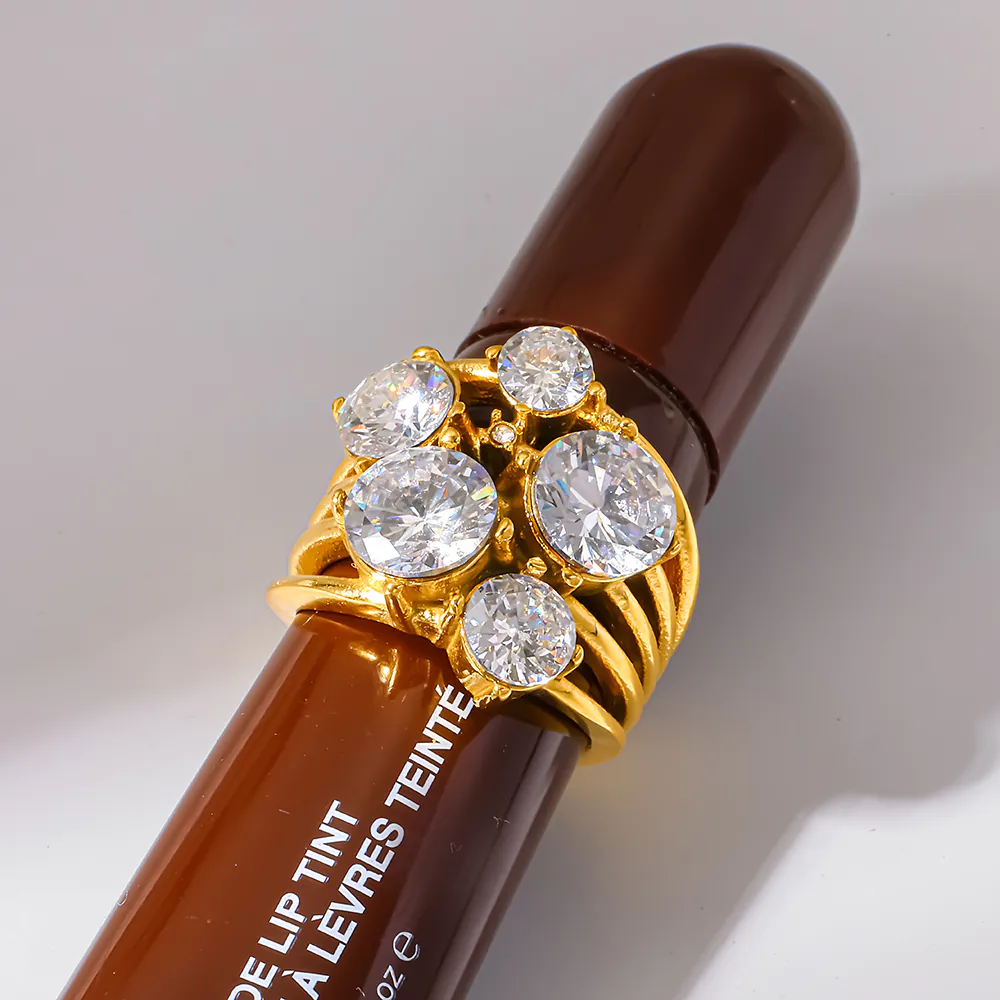 18K Gold-Plated Stainless Steel Multi-CZ Statement Ring, Bold Exaggerated Luxury Niche Women Finger Jewelry - Image 3
