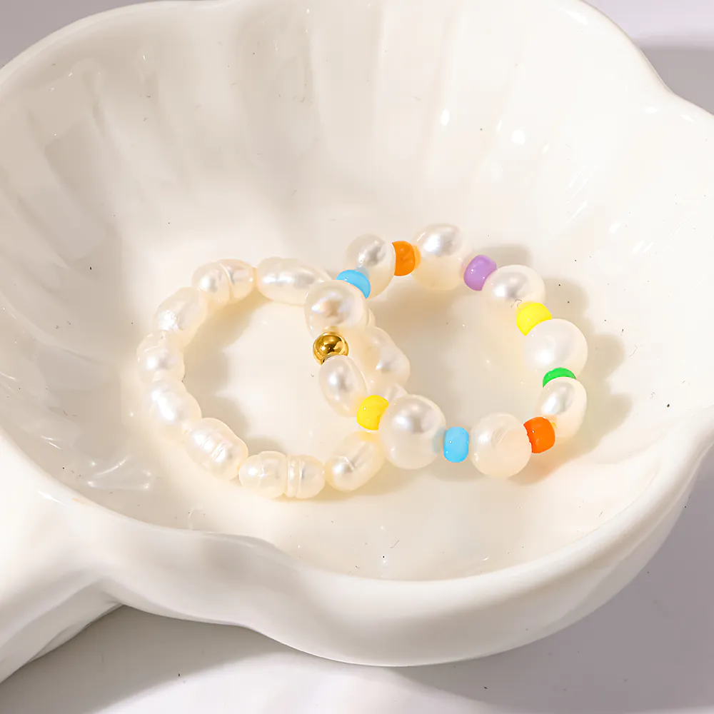 Fresh Color Beaded Stretch Ring, Freshwater Pearl Acrylic & Stainless Steel Beads Stackable Versatile Finger Ring For Women - Image 3