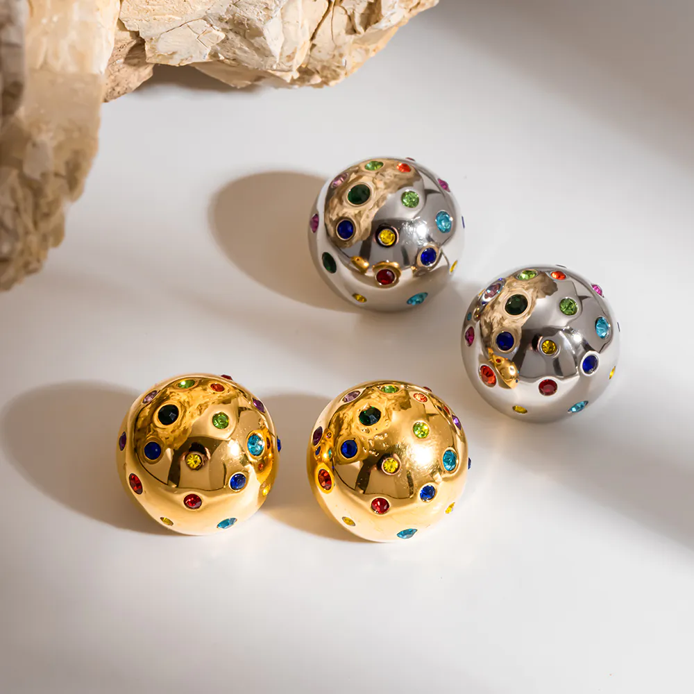 18K Gold‑Plated Stainless Steel Half‑Dome Round Christmas Stud Earrings, Multi‑Color Cubic Zirconia Inlaid Hypoallergenic Holiday Party Daily Ear Jewelry For Women - Image 3