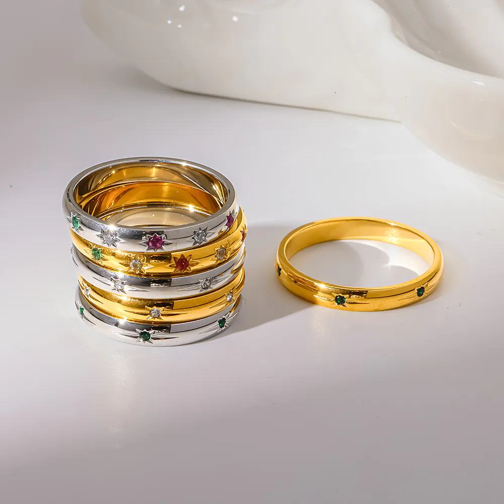 18K Gold-Plated Stainless Steel Thin Band Ring Luxury Colorful Cubic Zirconia Inlaid Band, High-End Waterproof Stackable Finger Jewelry For Women - Image 4