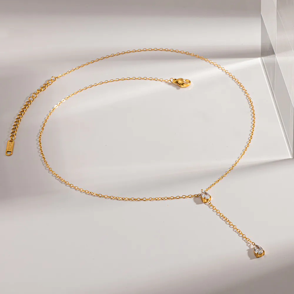 18K Gold‑Plated Stainless Steel Delicate Y‑Shape Necklace, Luxury Elegant Geometric Teardrop Cubic Zirconia Tassel Pendant Neck Jewelry For Women - Image 4