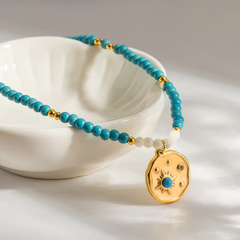 18K Gold-Plated Stainless Steel Sunburst Round Pendant Necklace, Vintage Turquoise Natural Stone Beaded Stackable Choker For Women - Image 3