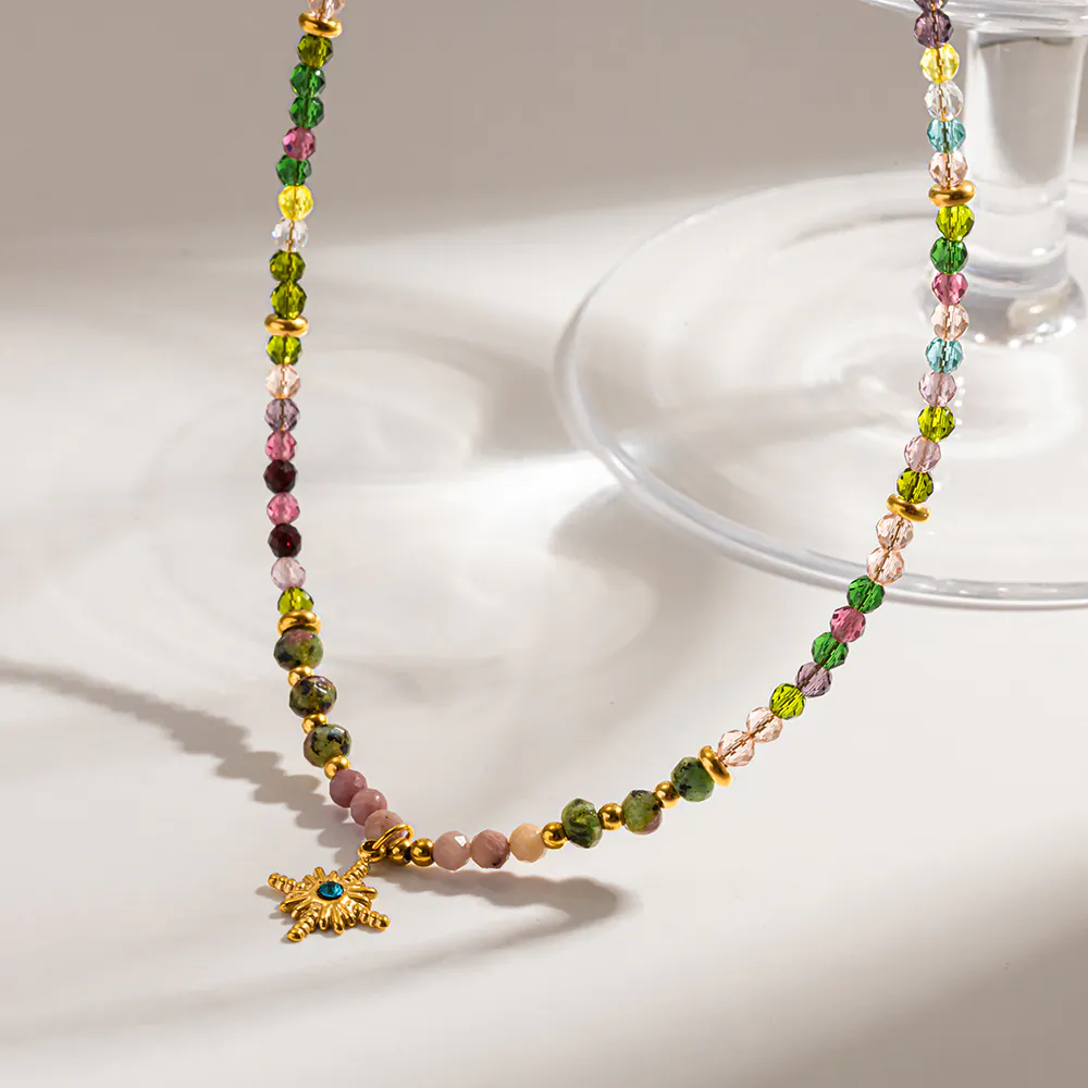 18K Gold-Plated Stainless Steel Vintage Beaded Choker, Natural Stone & Glass Bead Eight-Pointed Star Pendant Stackable Collarbone Neck Jewelry For Women - Image 3