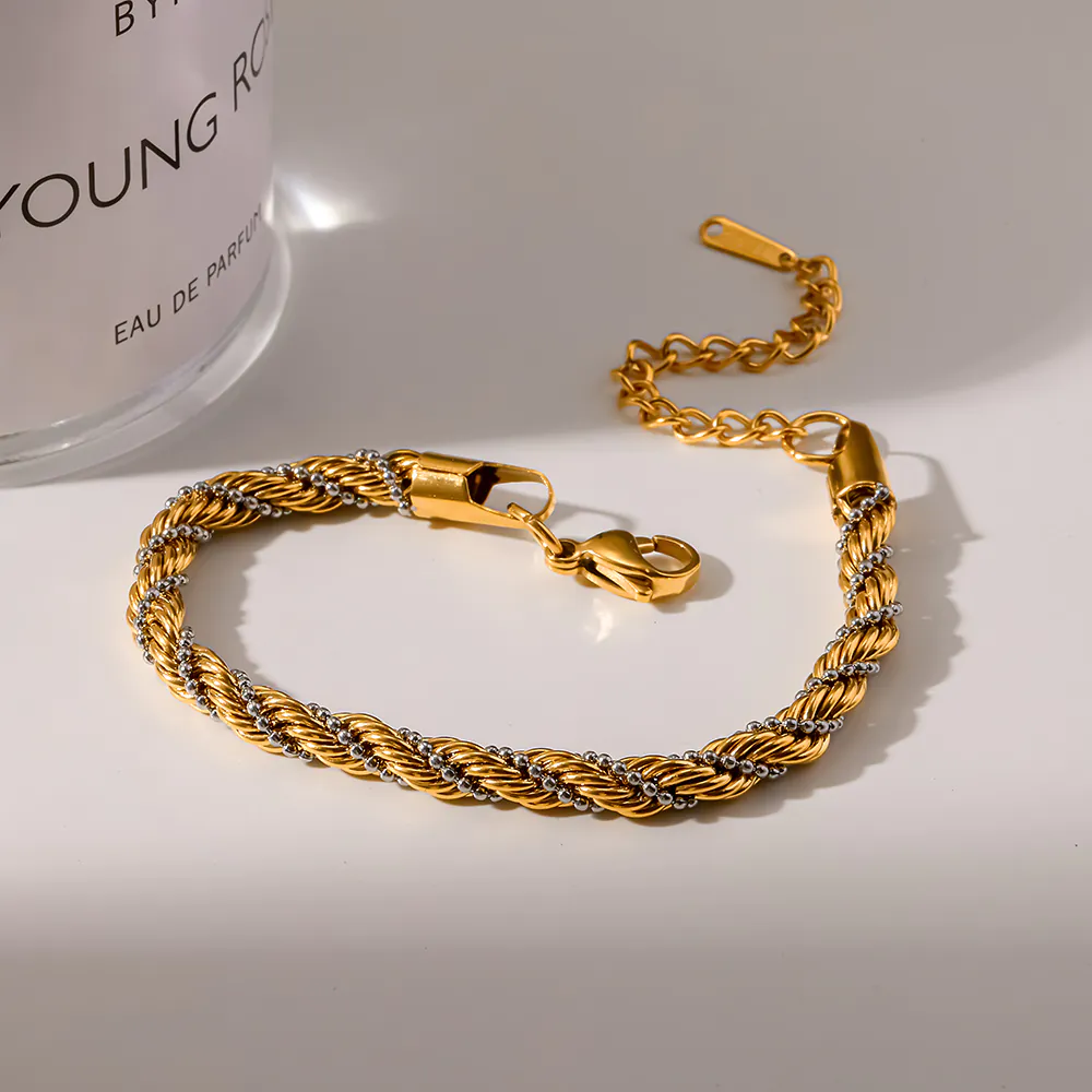18K Gold-Plated Stainless Steel Ins Fashion Two-Tone Twisted Rope Bracelet, Minimalist Versatile Adjustable Women Wrist Jewelry - Image 4