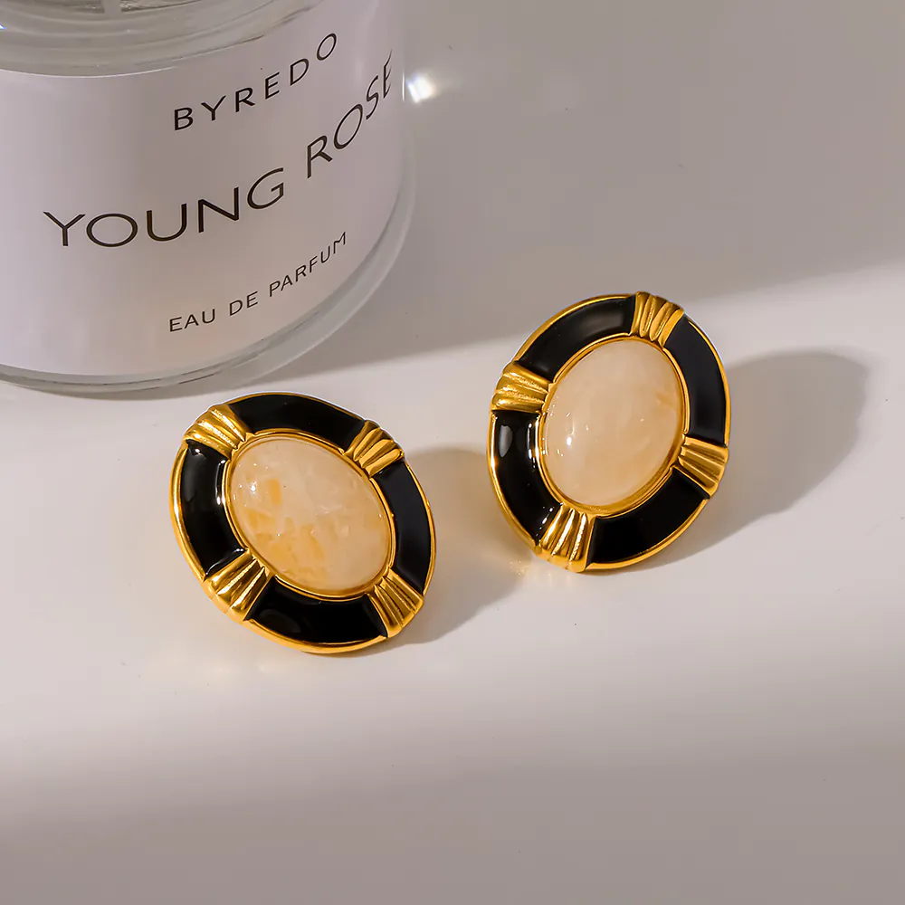 18K Gold‑Plated Stainless Steel Oval Natural Stone & Black Enamel Stud Earrings, Ins Vintage Luxury Waterproof Elegant Ear Jewelry For Women - Image 4