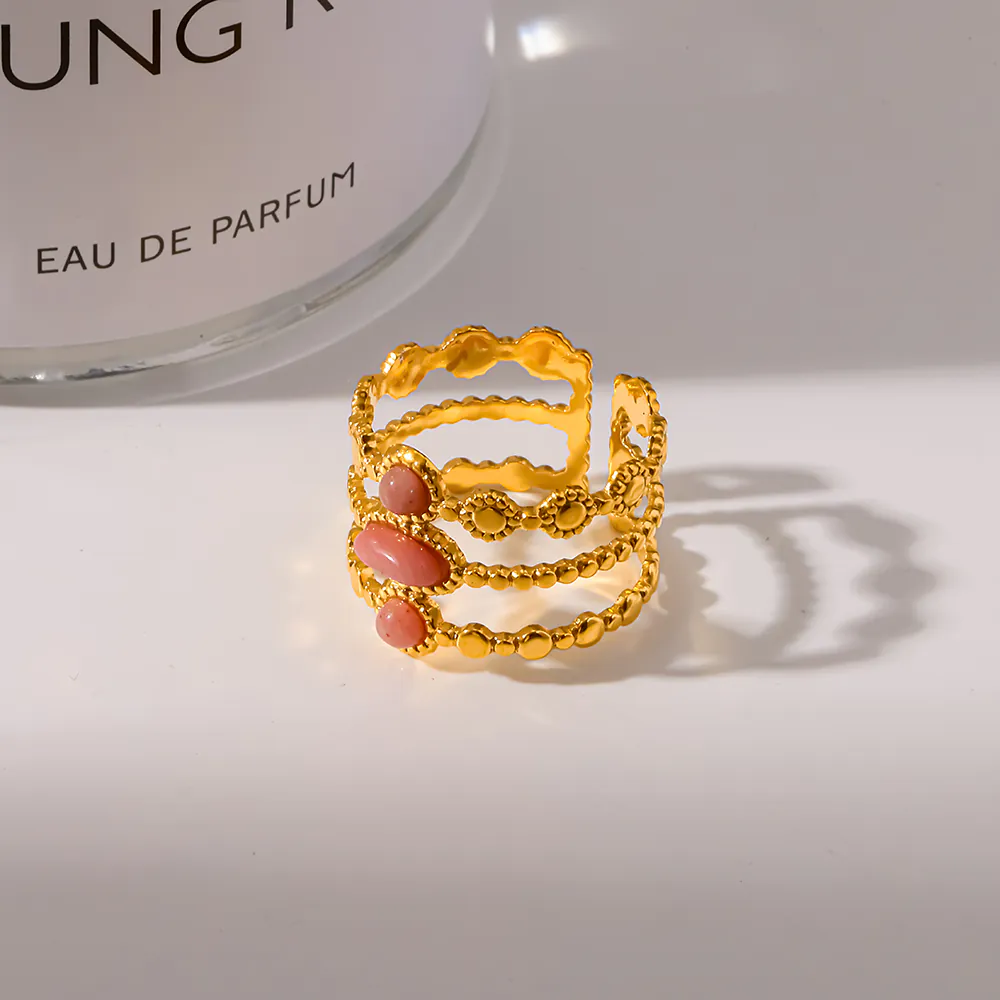 18K Gold‑Plated Stainless Steel Ins French Vintage Inlaid Natural Stone Open Ring, Waterproof Luxury Finger Jewelry For Women - Image 3