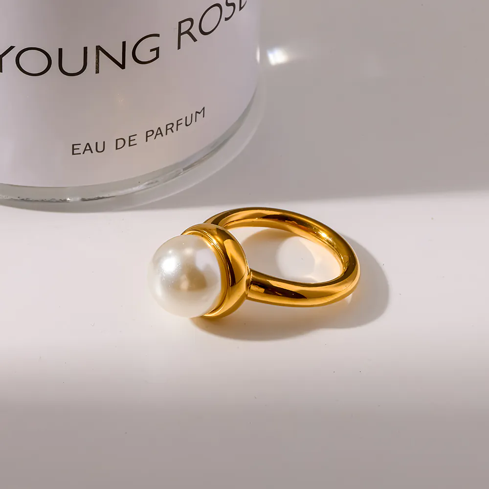 18K Gold‑Plated Stainless Steel Ins Fashion Luxury Round Faux Pearl Statement Ring, Waterproof Finger Jewelry For Women - Image 3