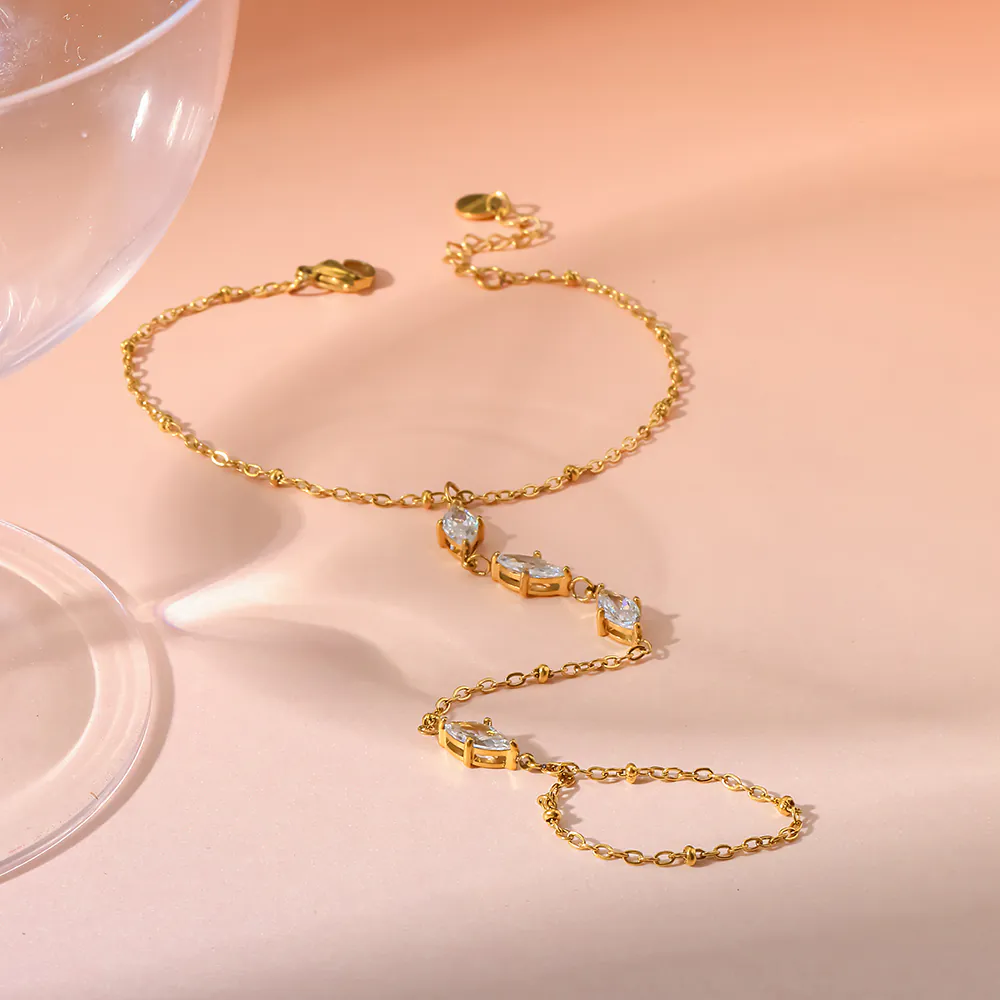 Marquise Zircon Linked Finger Hand Chain 18K Gold‑Plated Stainless Steel Hand Bracelet - Image 3