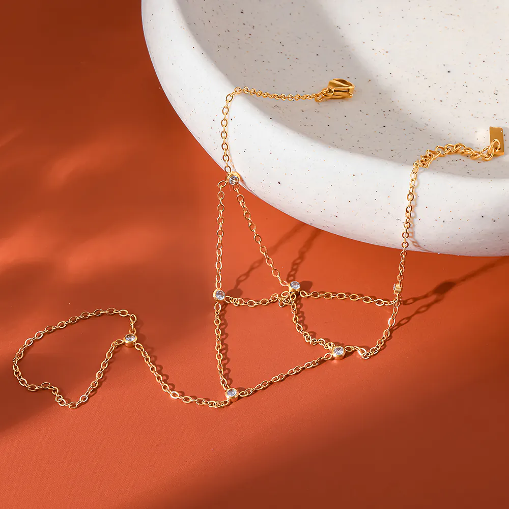 18K Gold‑Plated Stainless Steel Multi‑Layer Cubic Zirconia Hand Chain, Dainty Linked Finger Bracelet Stackable Luxury Hand Jewelry For Women - Image 3