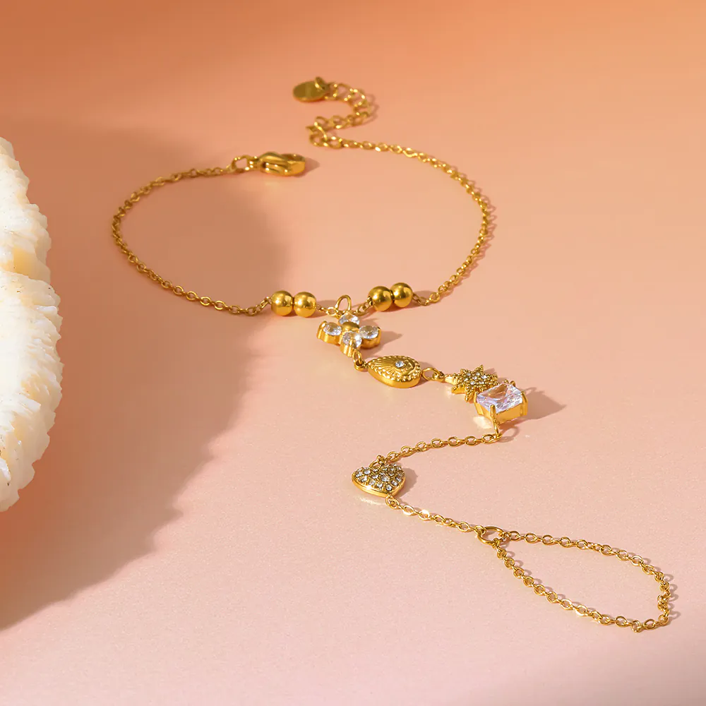 Heart & Star Cubic Zirconia Linked Finger Hand Chain | 18K Gold‑Plated Stainless Steel Integrated Hand Bracelet - Image 2