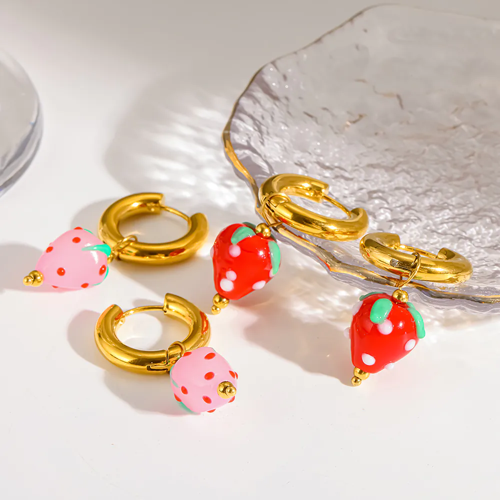 18K Gold-Plated Stainless Steel Hoop Earrings, Cute Acrylic Strawberry Dangle Charms, Non-Fading Women Fashion Ear Jewelry - Image 3