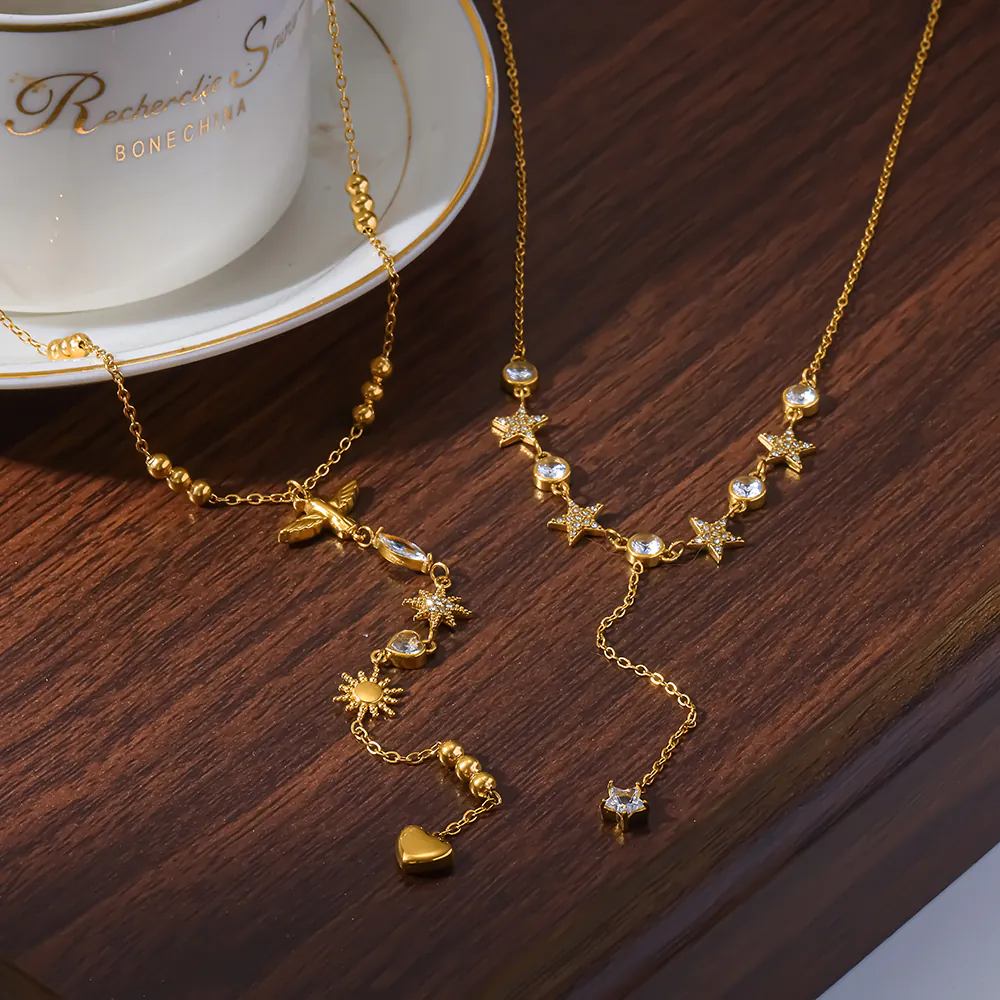 18K Gold‑Plated Stainless Steel Geometric Star Y‑Drop Necklace, Cubic Zirconia Stackable Daily Choker Neck Jewelry For Women - Image 3